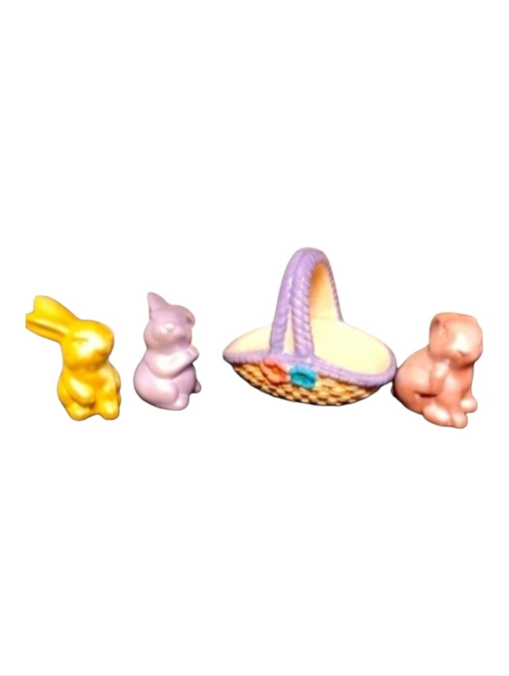 Spring Bunnies With Basket Set Purple Pink and Yellow Bunnies